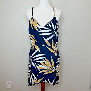 FINDERS KEEPERS Midi Dress LG Spaghetti Straps Botanical‎ Faux Wrap Pleats Navy